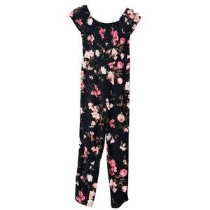 PLACE Kids Floral Jumpsuit Romper Black Pink Gren White Sz M (7/8)